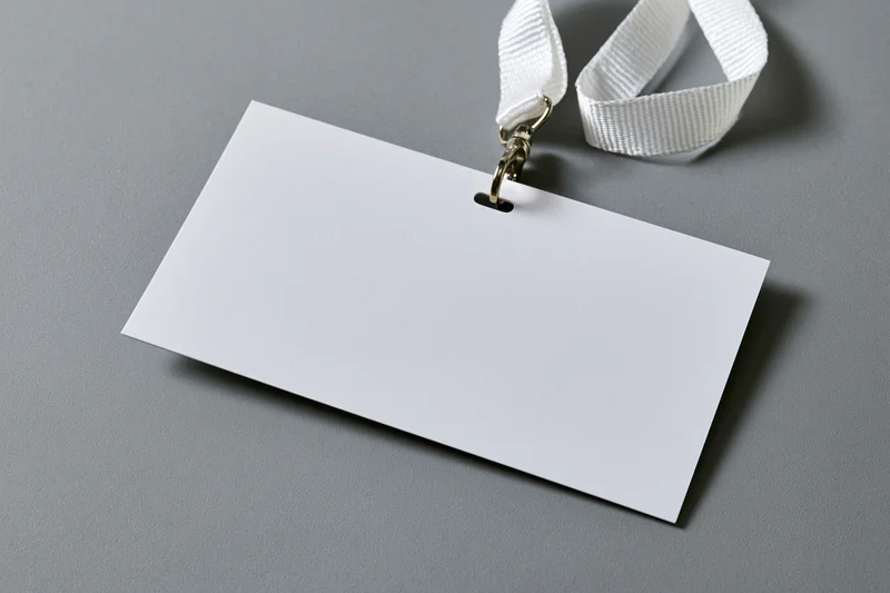 Blank white id badge attached to white woven lanyard on gray surface