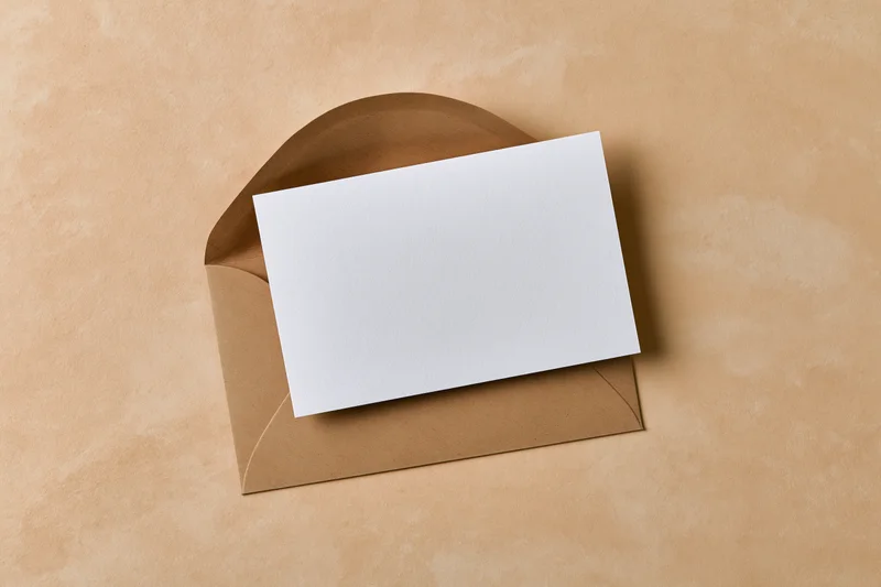 Blank white card resting on open kraft envelope on textured beige surface