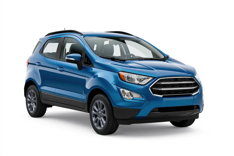 Blue compact suv shown from front threequarter angle on white background