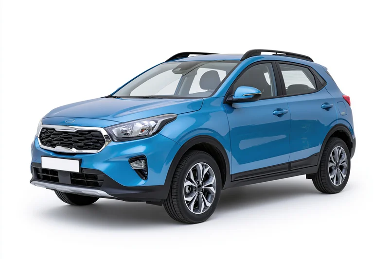 Blue compact suv shown from front threequarter angle on white background