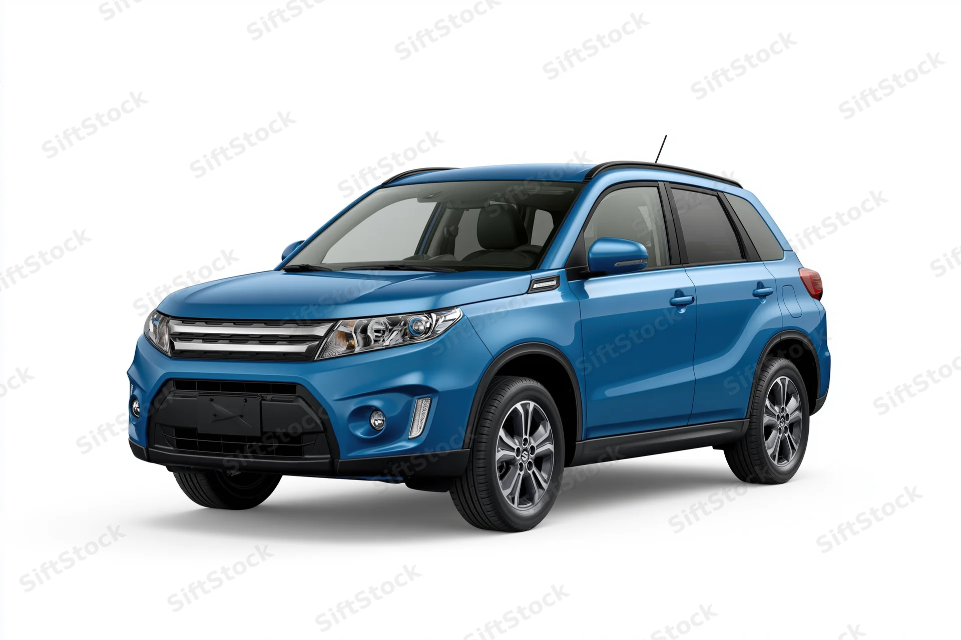 Blue compact suv shown from front threequarter angle on white background