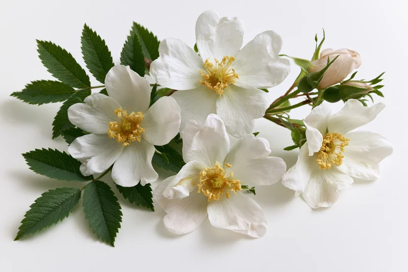 White wild rose blossoms with green leaves arranged on a plain white surface