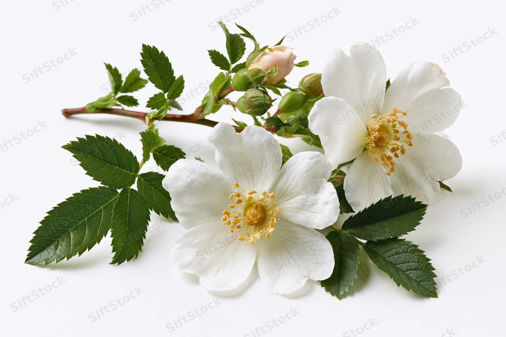 White wild rose blossoms with green leaves and buds on a white background