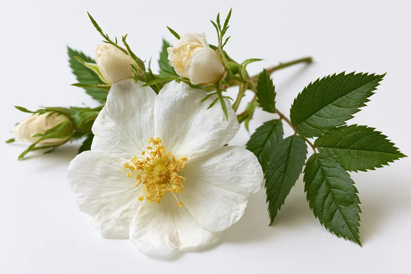 White wild rose bloom with buds and green leaves on white background