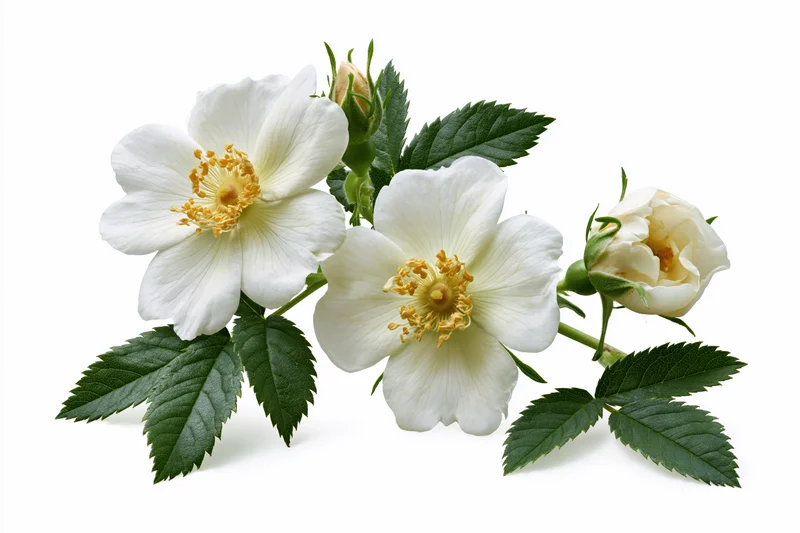 White wild rose blossoms with green leaves arranged on a plain white background