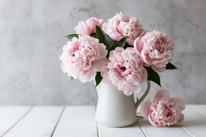 Pale pink peonies in a white ceramic vase on a white wooden table