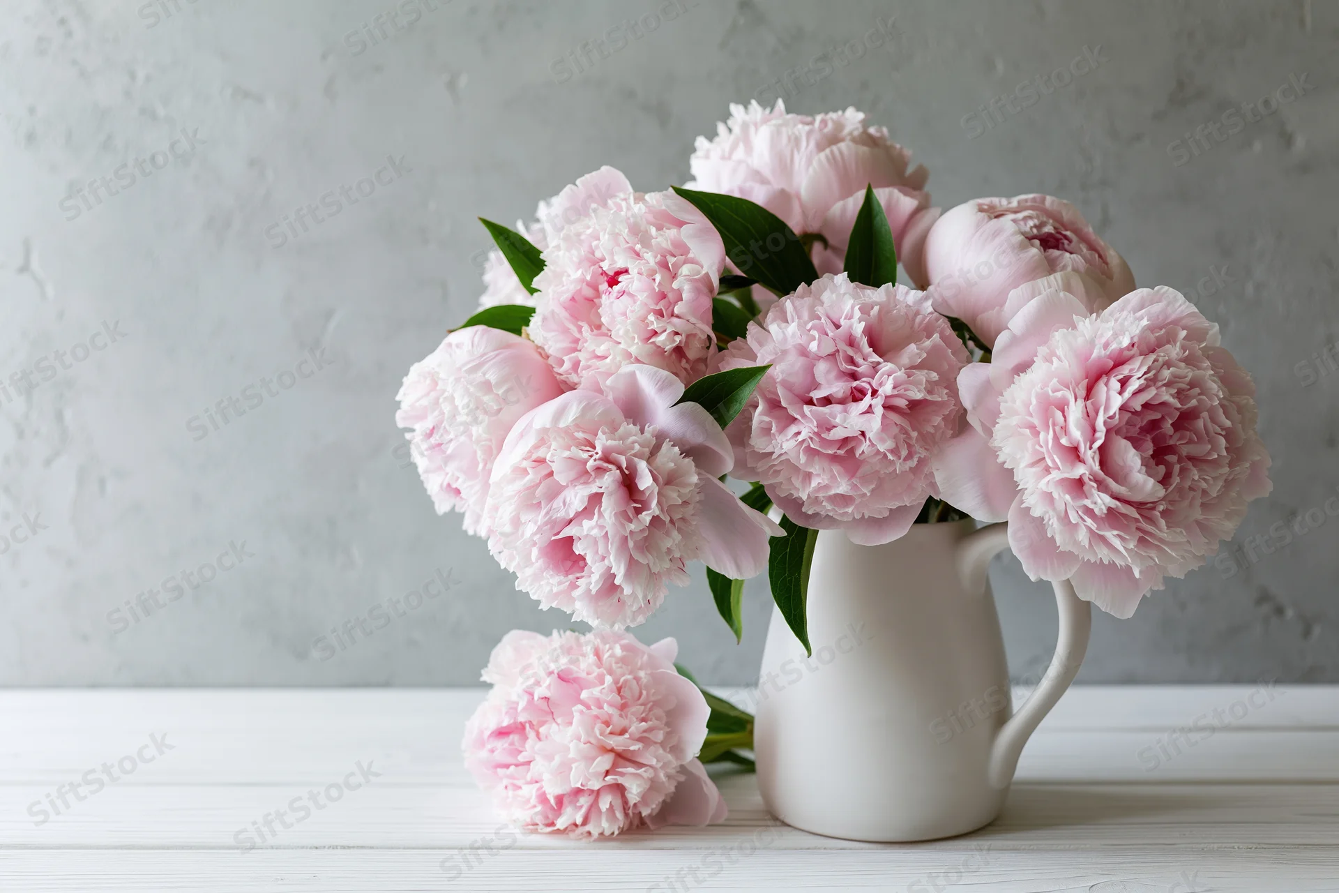 Pale pink peonies arranged in a white ceramic pitcher on a white table