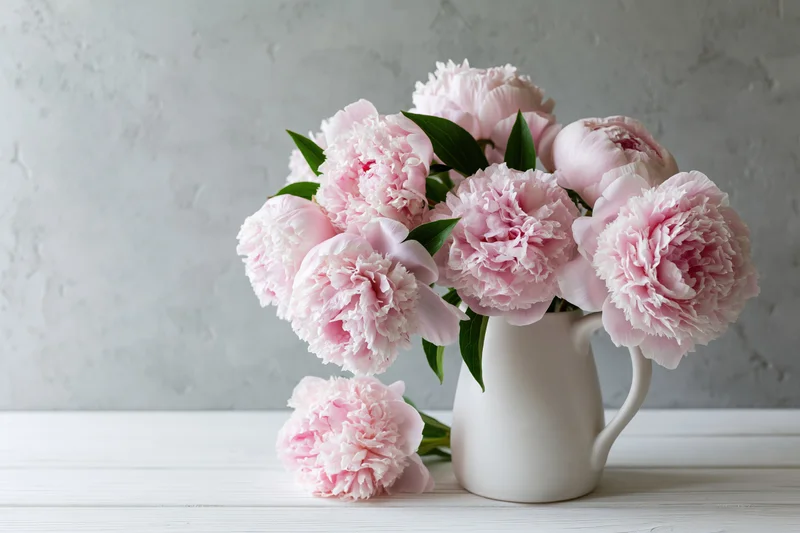 Pale pink peonies arranged in a white ceramic pitcher on a white table