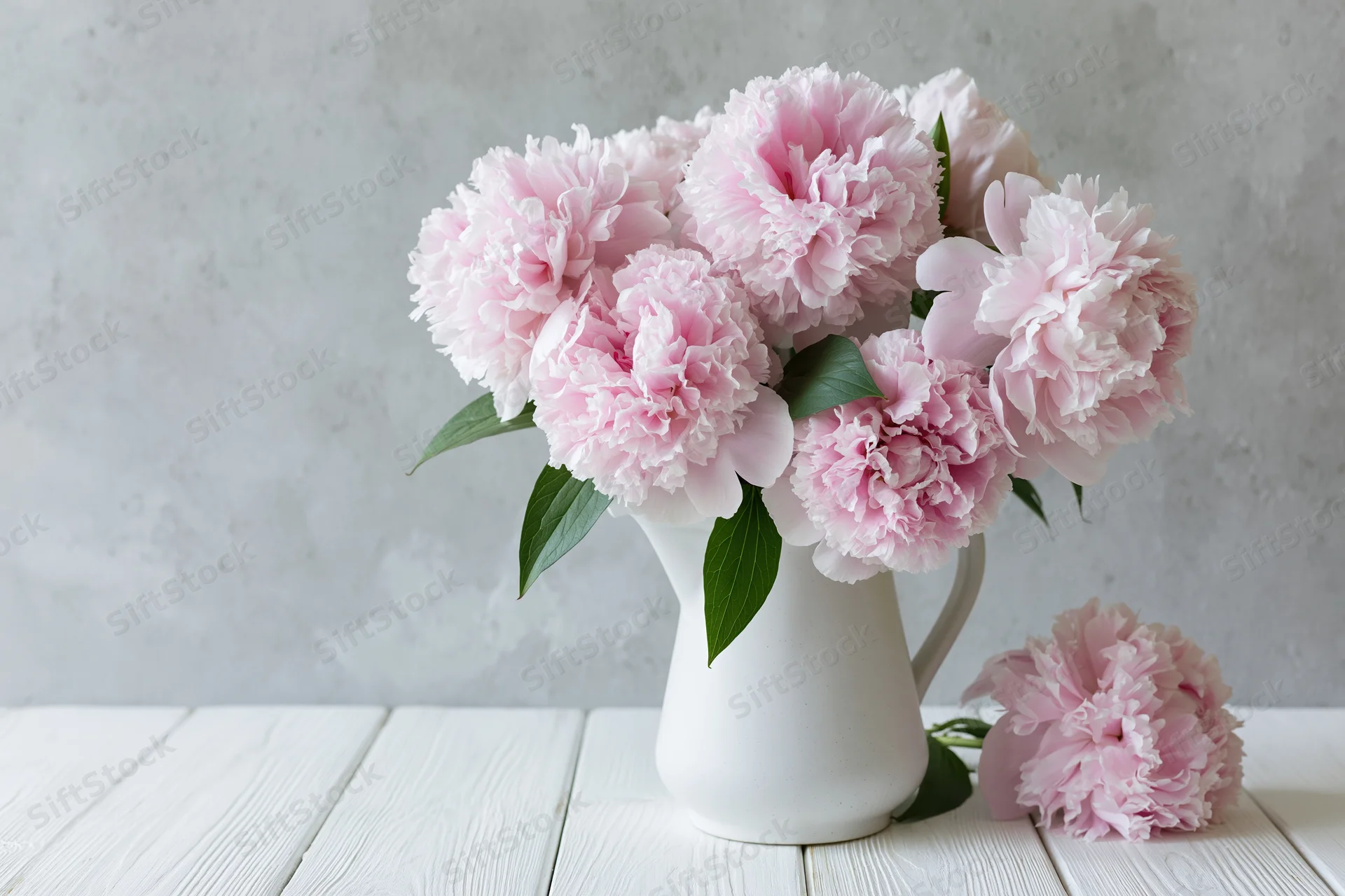 Pale pink peonies arranged in a white ceramic pitcher on a wooden table