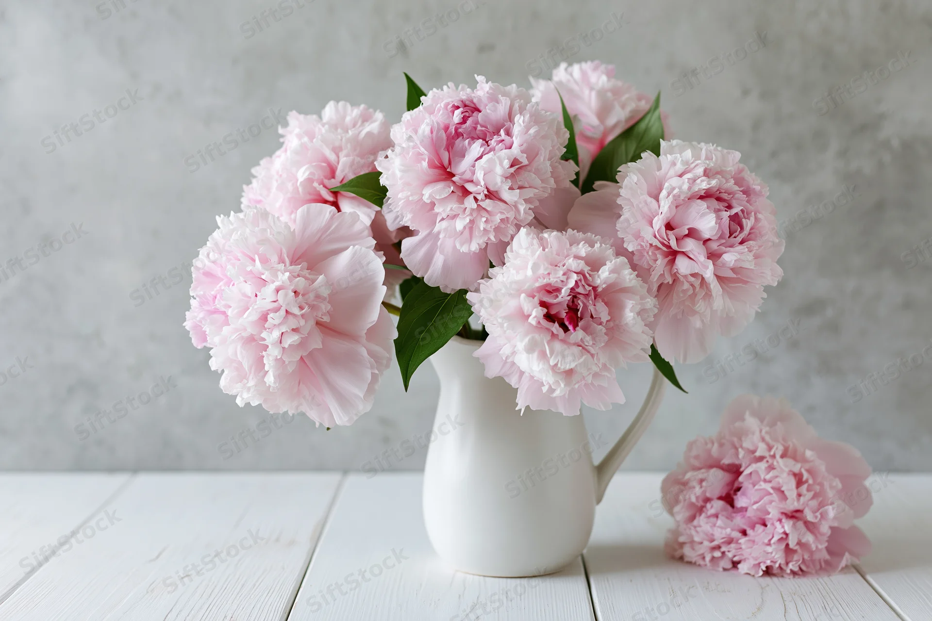 Pale pink peonies arranged in a white ceramic vase on a white wooden table