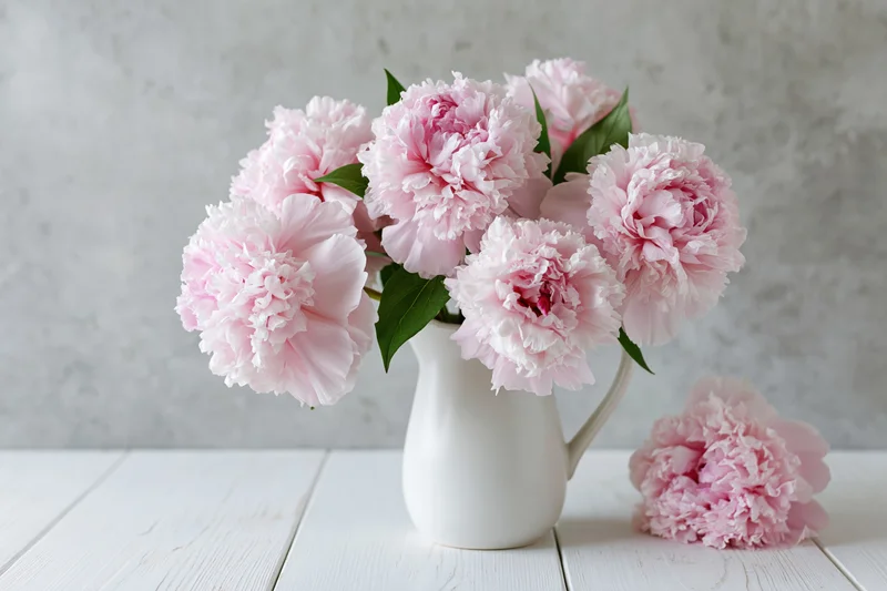 Pale pink peonies arranged in a white ceramic vase on a white wooden table