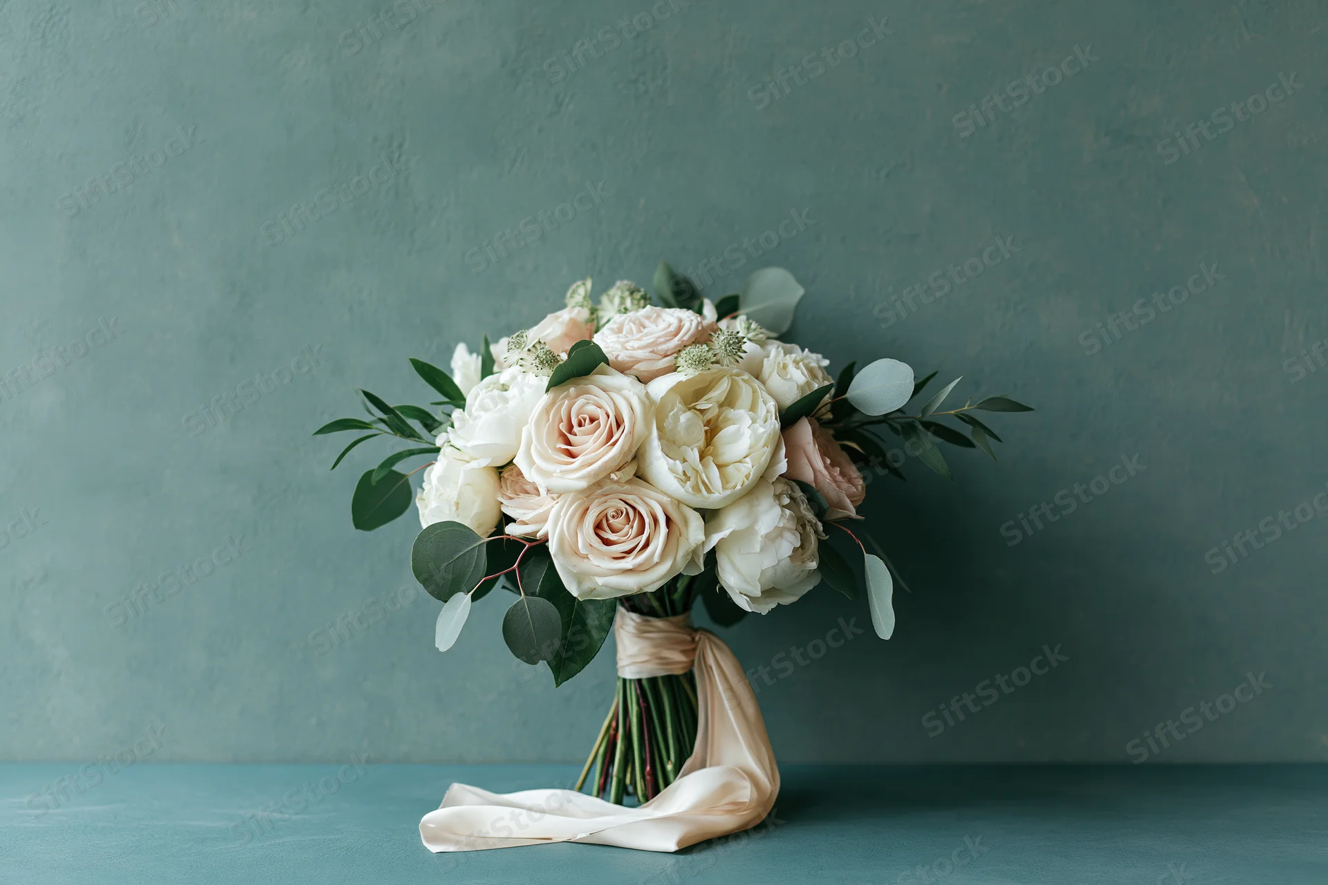 Bridal bouquet of cream roses and white peonies with eucalyptus on teal surface