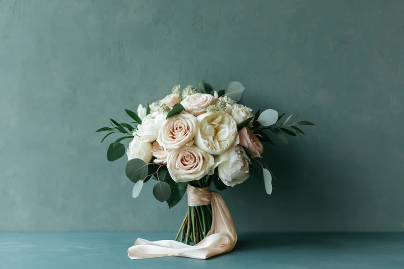 Bridal bouquet of cream roses and white peonies with eucalyptus on teal surface