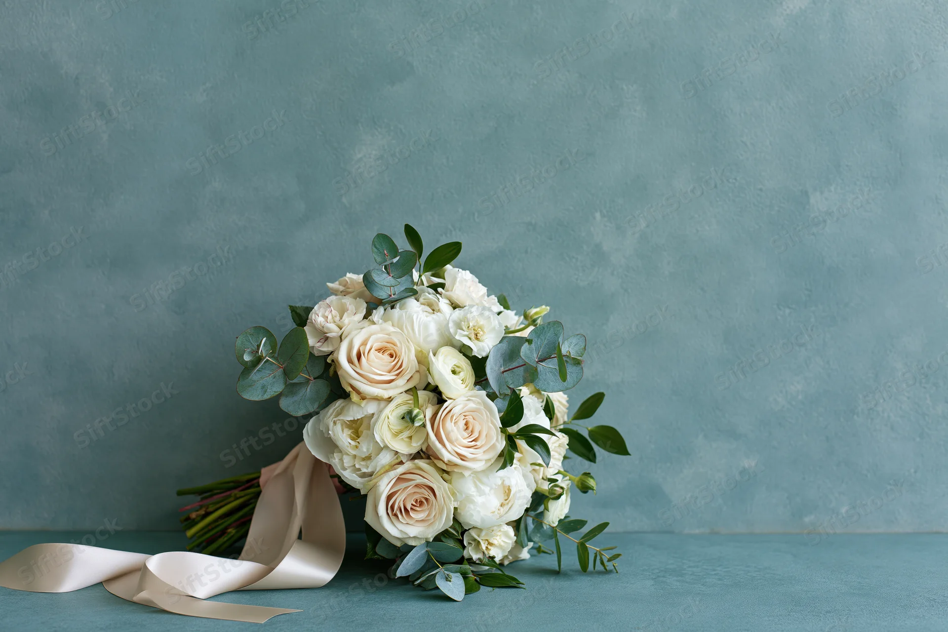 Bridal bouquet of cream roses and white peonies with eucalyptus leaves on a teal surface