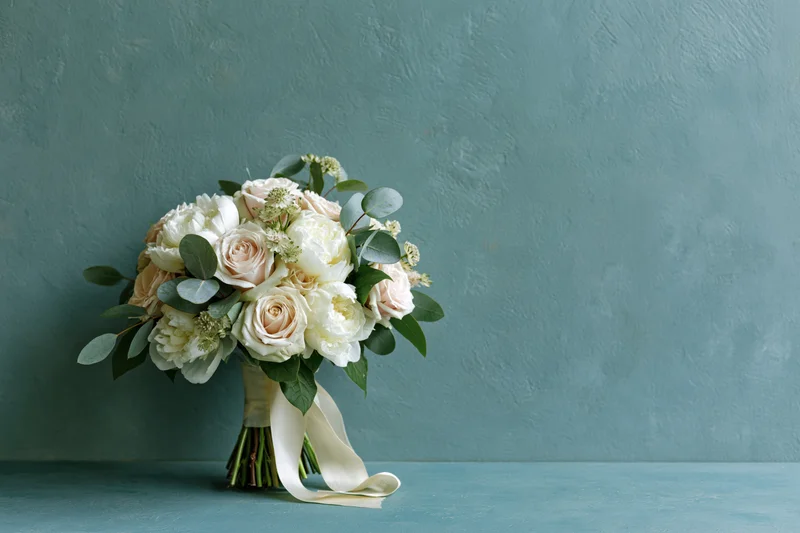 Bridal bouquet of cream roses and white peonies with eucalyptus arranged on a teal surface