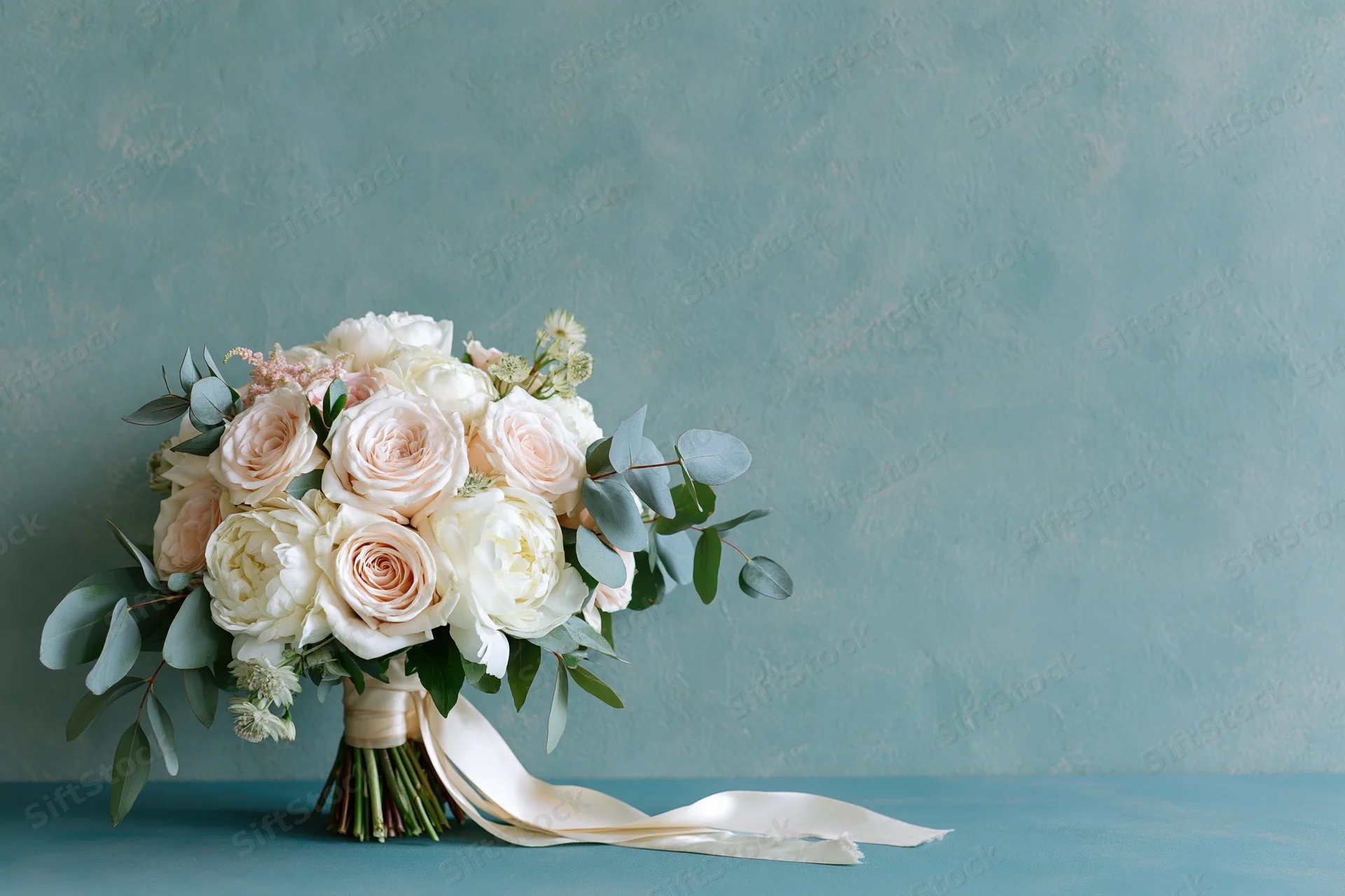 Bridal bouquet of cream roses and white peonies with eucalyptus on a teal surface