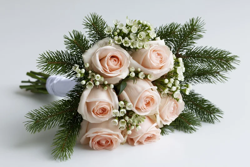Bridal bouquet of pale blush roses and small white wax flowers with evergreen sprigs on white background