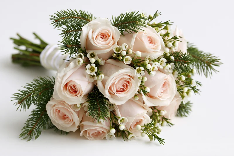 Bridal bouquet of pale blush roses and small white wax flowers with greenery on white background