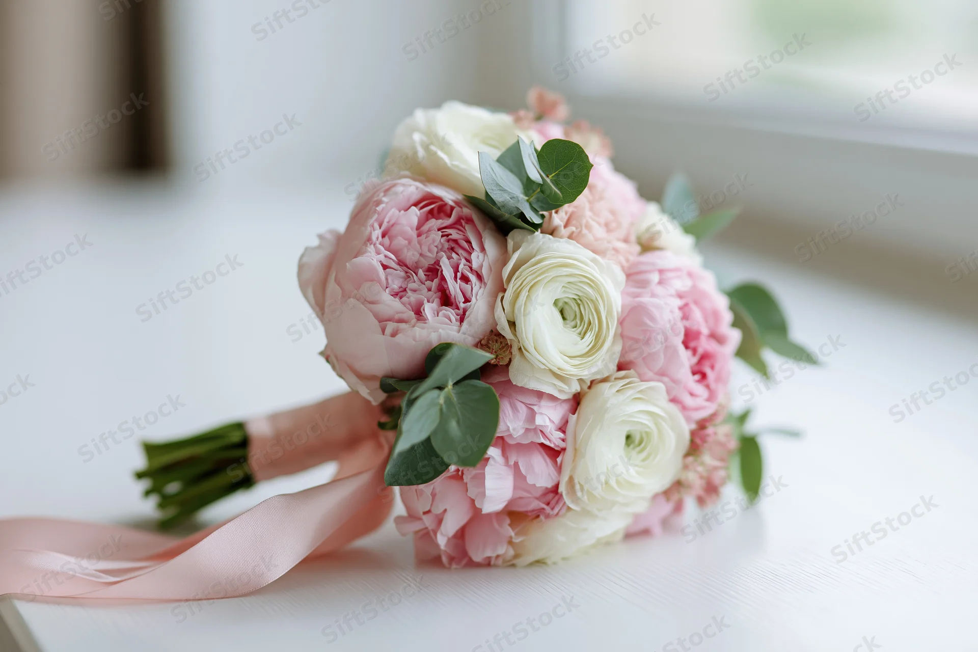 Bridal bouquet of pink peonies and white ranunculus with greenery and ribbon resting on a white table near a window
