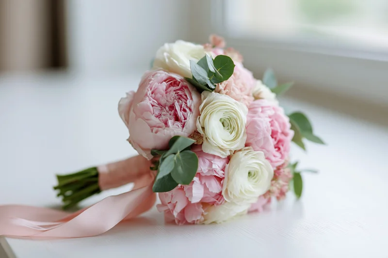 Bridal bouquet of pink peonies and white ranunculus with greenery and ribbon resting on a white table near a window