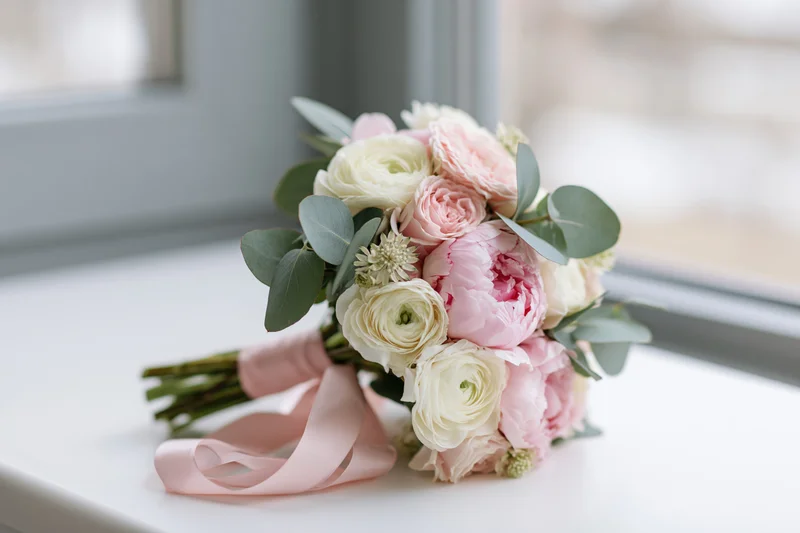 Bridal bouquet of pink peonies and white ranunculus with eucalyptus and ribbon resting on a white surface near a window