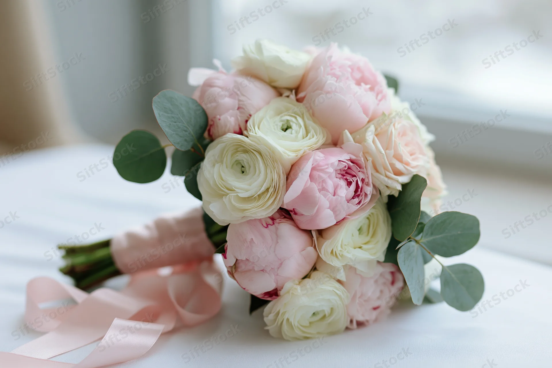Bridal bouquet of pink peonies and white ranunculus with eucalyptus and ribbon on a white cloth surface