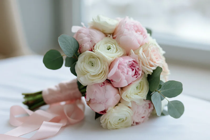 Bridal bouquet of pink peonies and white ranunculus with eucalyptus and ribbon on a white cloth surface
