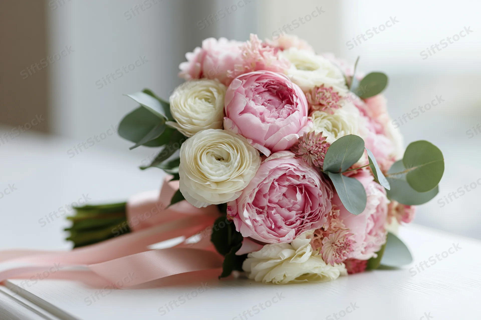Bridal bouquet of pink peonies and white ranunculus with eucalyptus and ribbon resting on a white surface