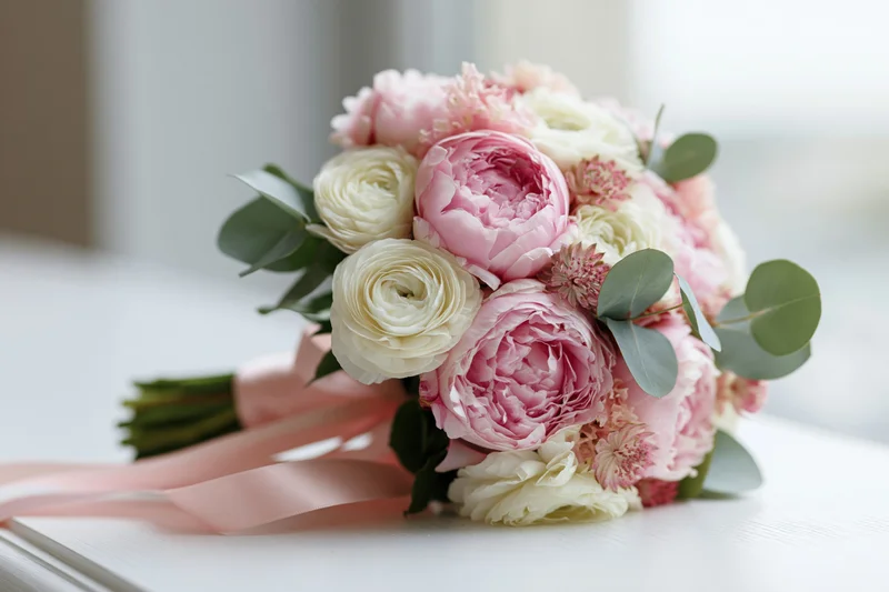 Bridal bouquet of pink peonies and ranunculus resting on surface