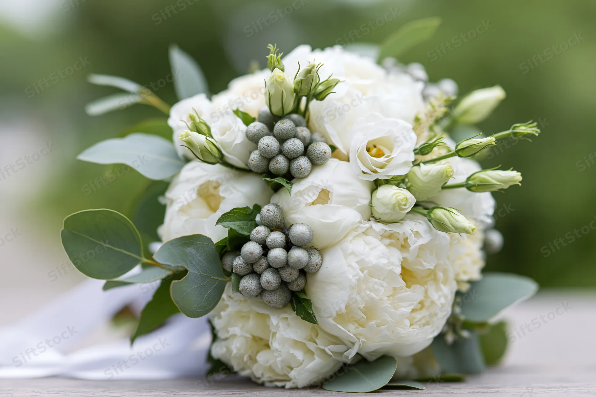 Bridal bouquet of white peonies and lisianthus buds with eucalyptus and berries on a wooden table