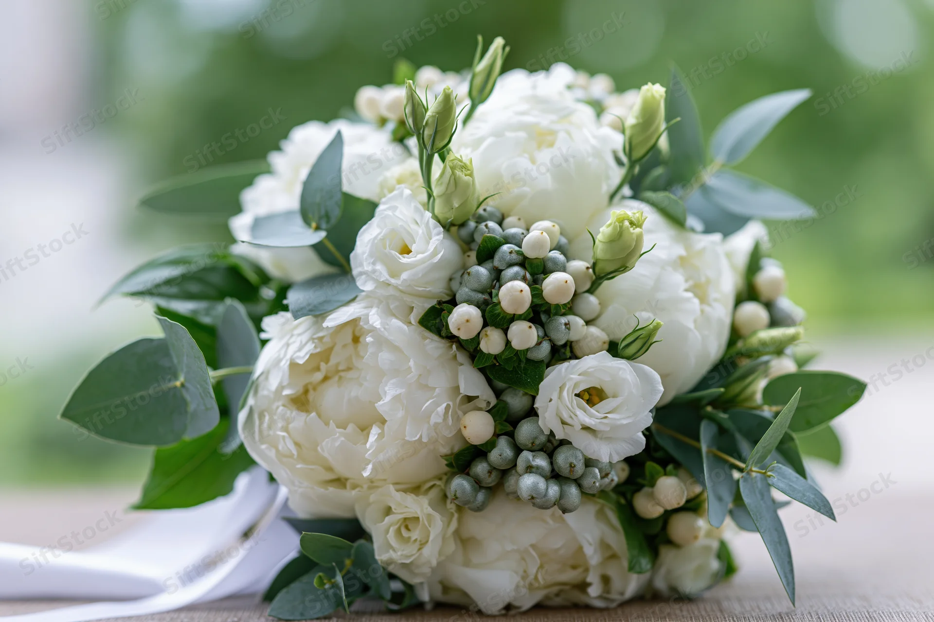 Bridal bouquet of white peonies and lisianthus buds with greenery and berries on a table