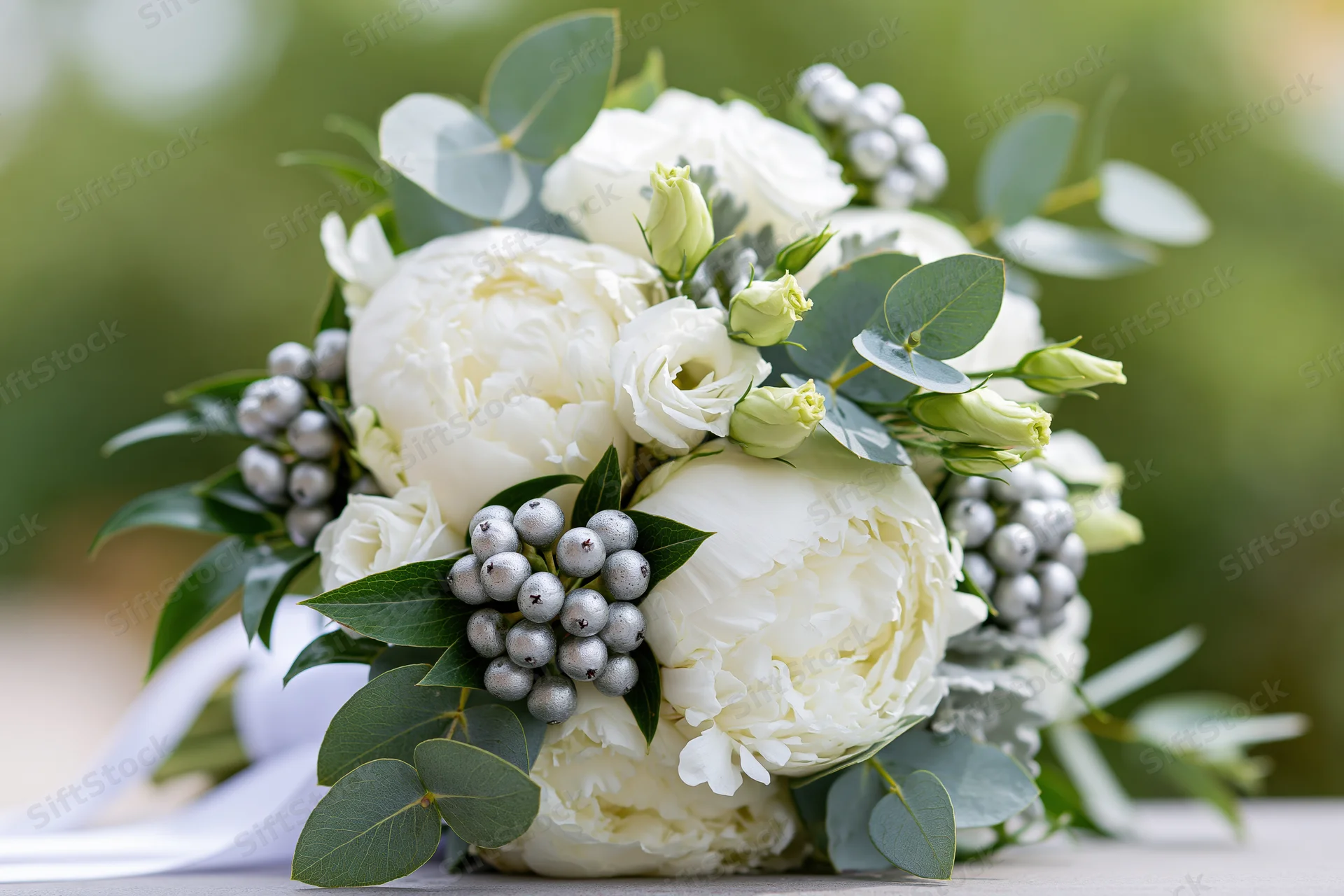Bridal bouquet of white peonies and lisianthus buds with eucalyptus and silver berries on a table