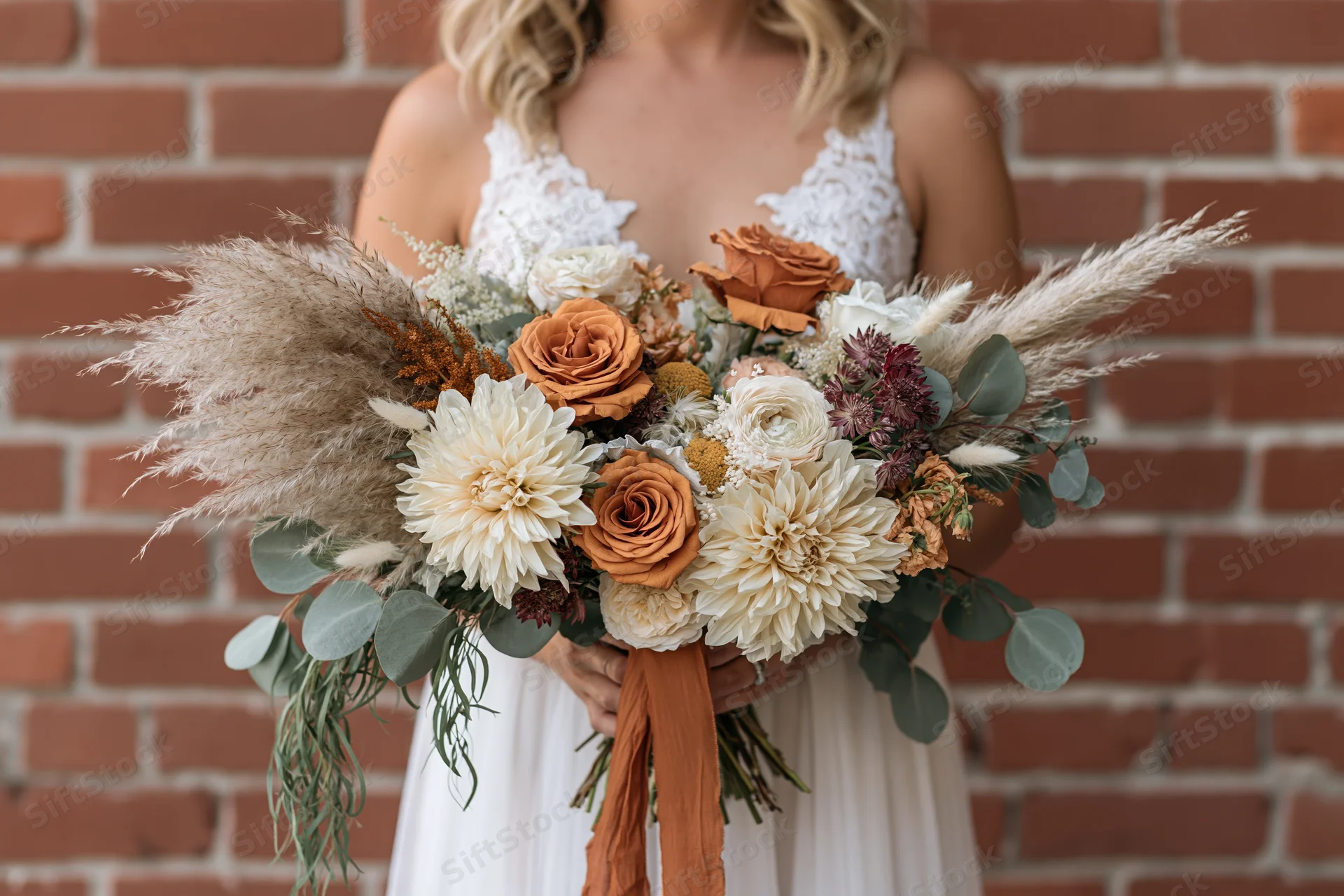 Bride holding large cascading bouquet of orange and white flowers with pampas grass and eucalyptus against brick wall