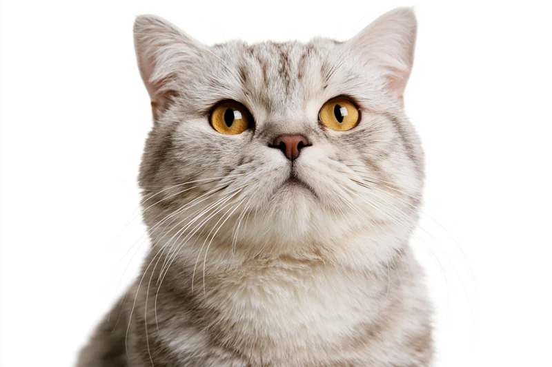 Closeup of a britishshorthair cat with silver-grey tabby fur looking up against white background