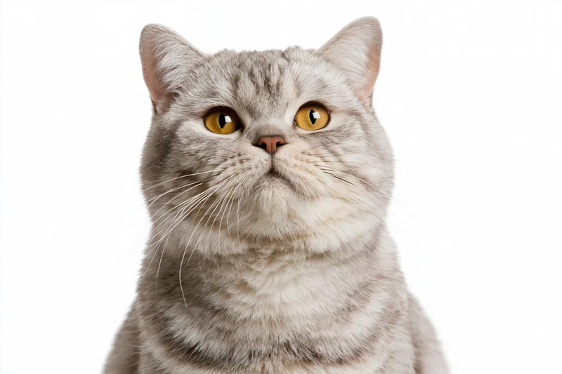 Silver-grey british shorthair cat with tabby striping looking up in studio portrait against white background