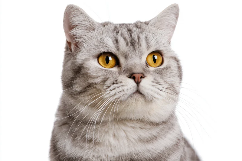Closeup portrait of a silver-grey tabby british shorthair cat with yellow eyes on white background
