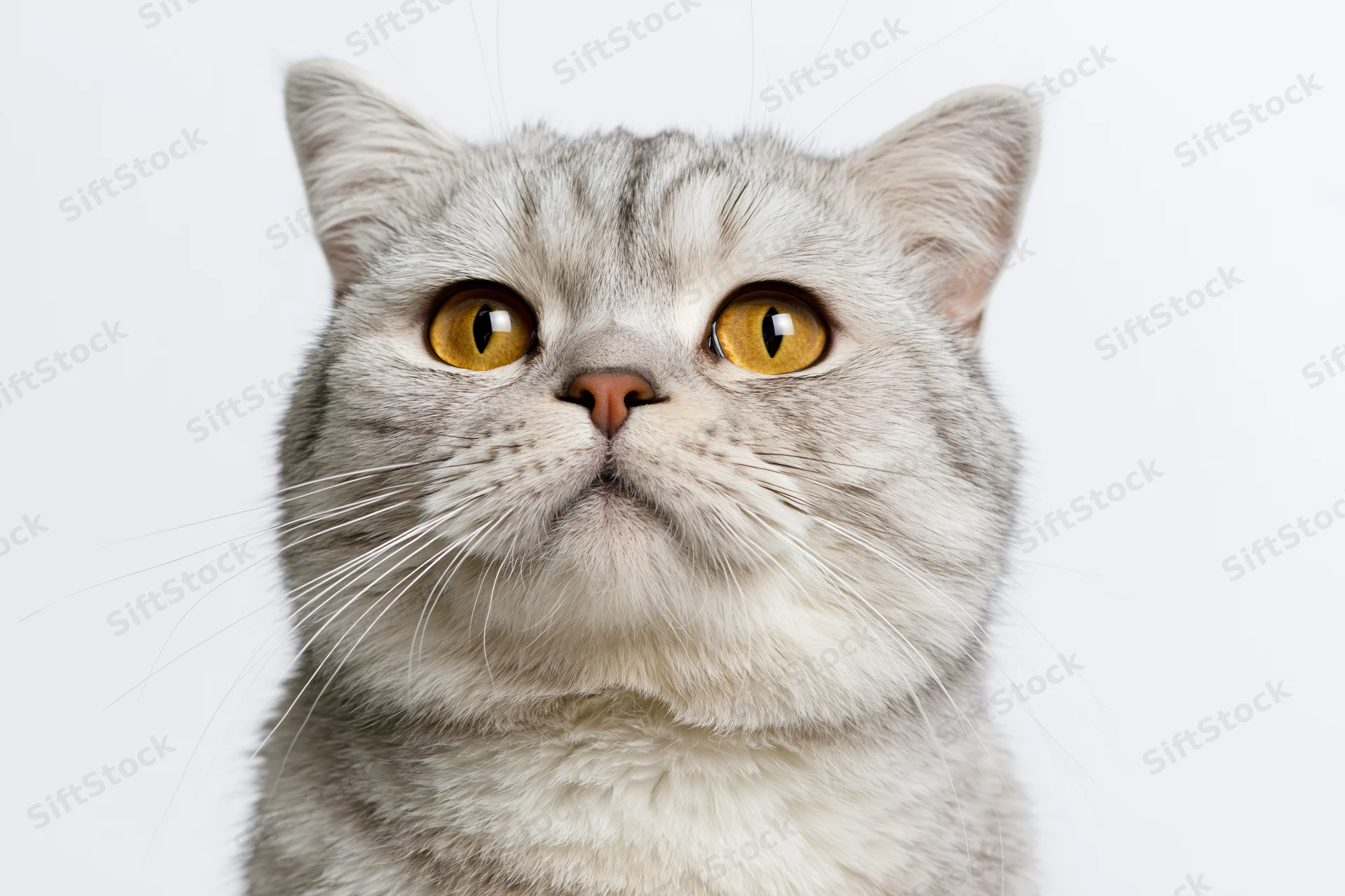 Closeup portrait of a silver-grey tabby british shorthair cat looking up against white background