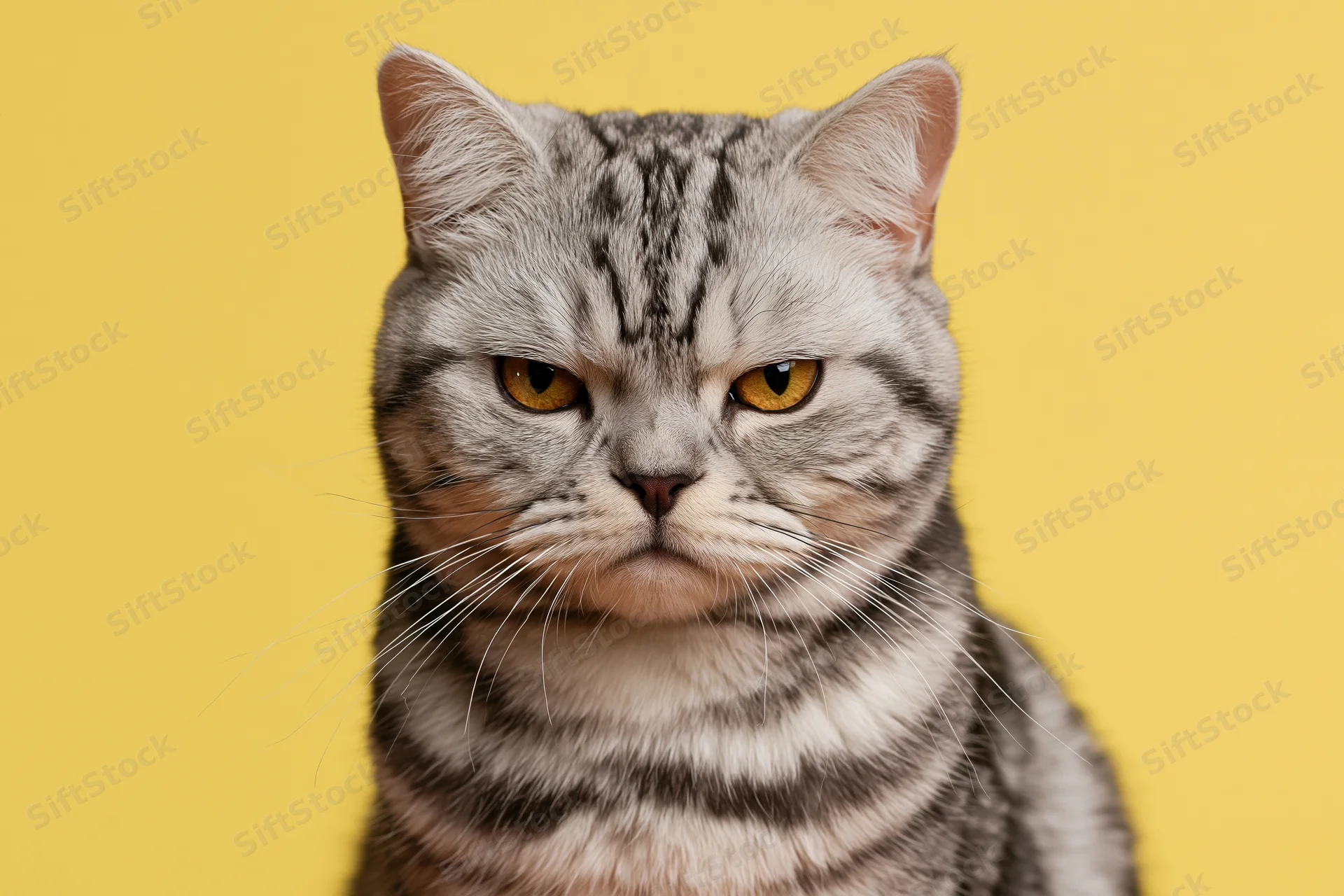 Britishshorthair tabby cat staring directly at camera against yellow background