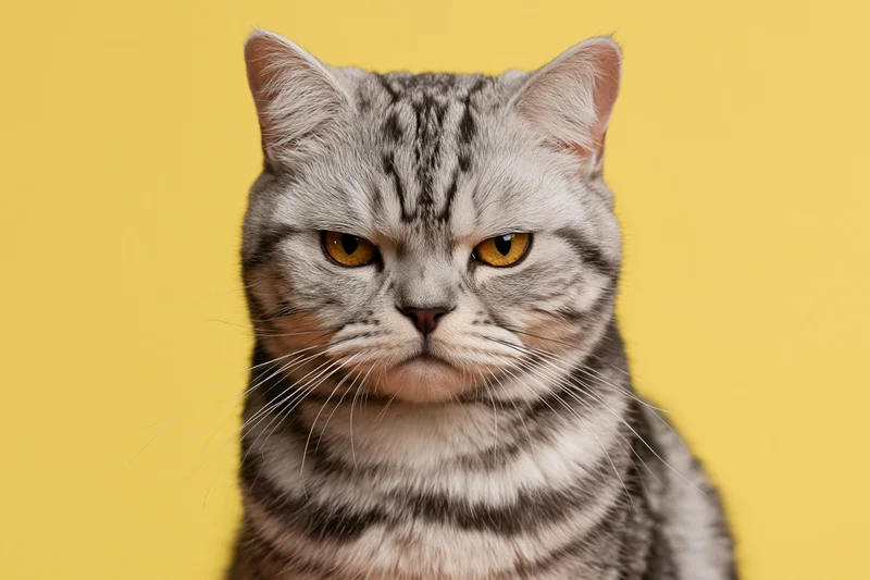 Britishshorthair tabby cat staring directly at camera against yellow background