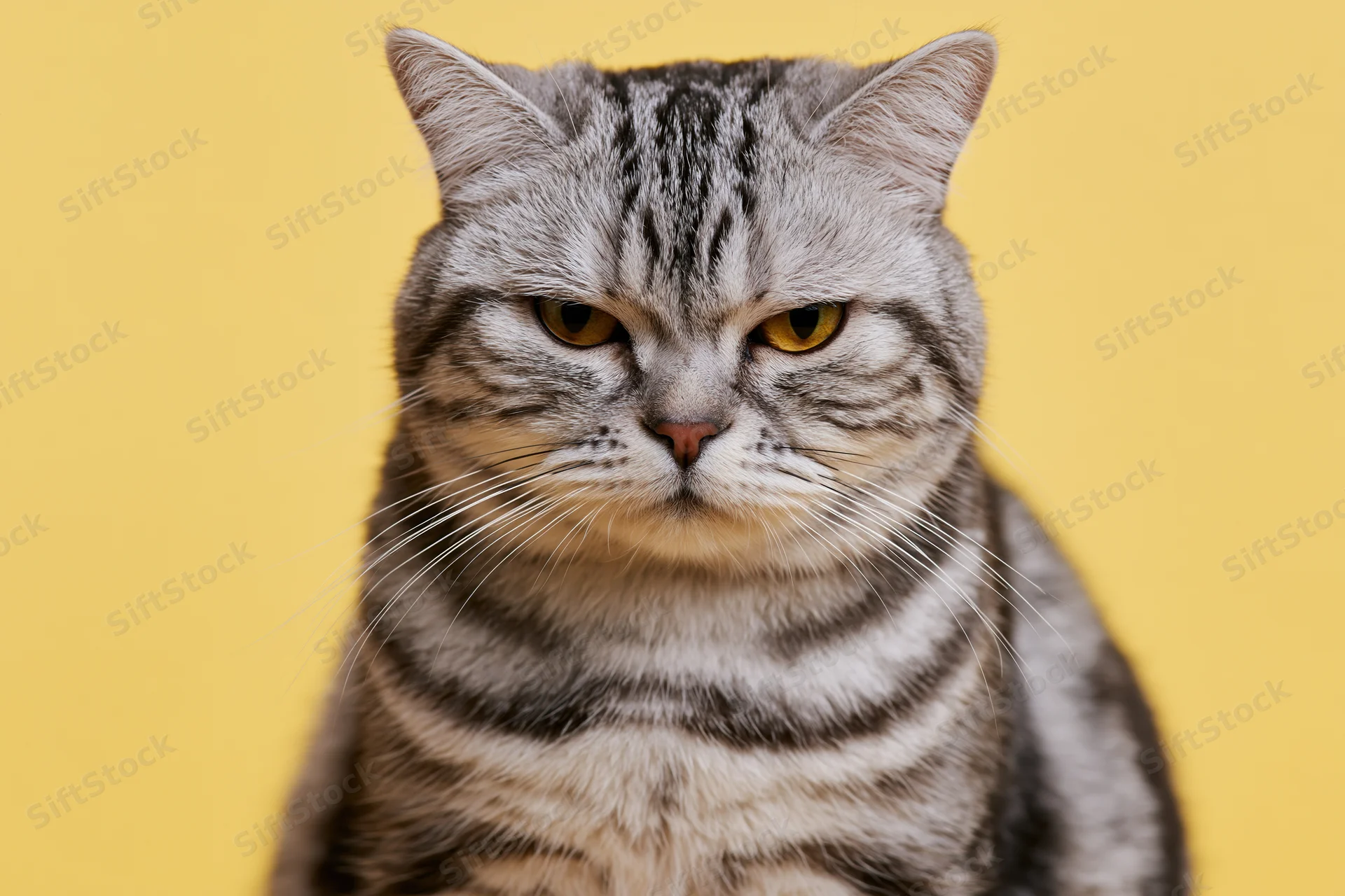 Britishshorthair tabby cat staring directly at camera against yellow background