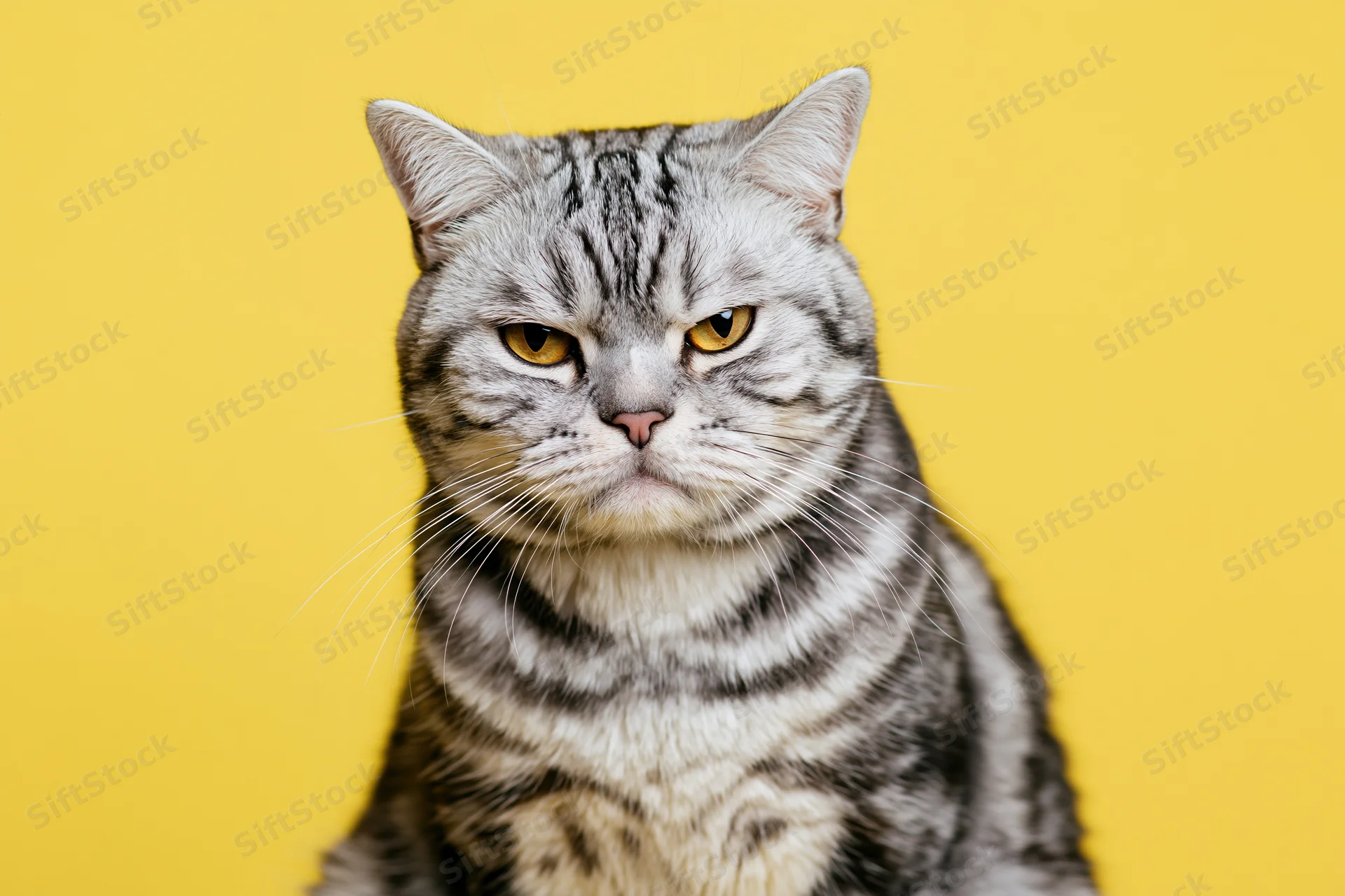 Britishshorthair tabby cat sitting upright staring directly at camera against yellow background