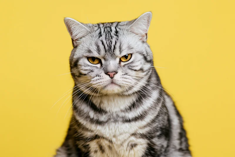 Britishshorthair tabby cat sitting upright staring directly at camera against yellow background