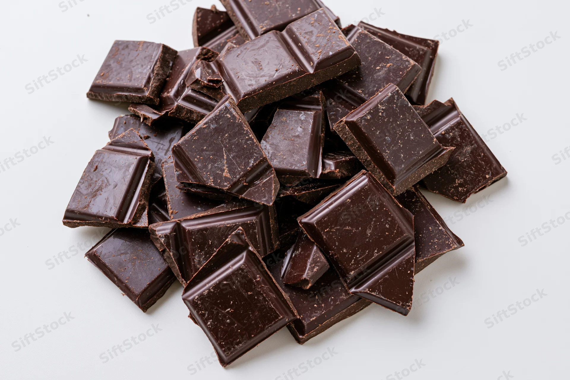 Broken dark chocolate pieces scattered overhead on white background