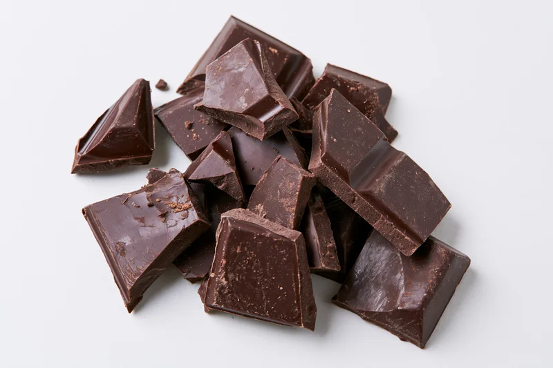 Broken dark chocolate bar pieces scattered overhead on white background