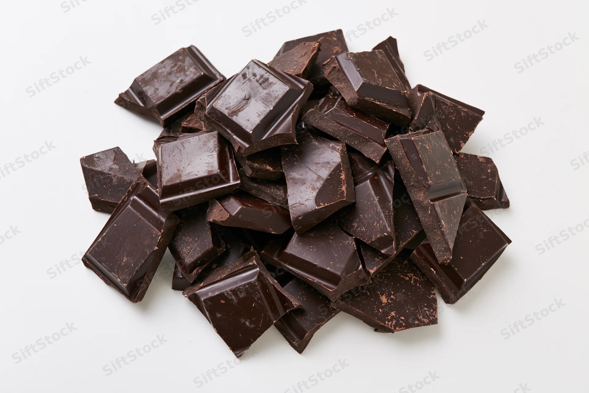 Broken dark chocolate pieces scattered in a pile on white background