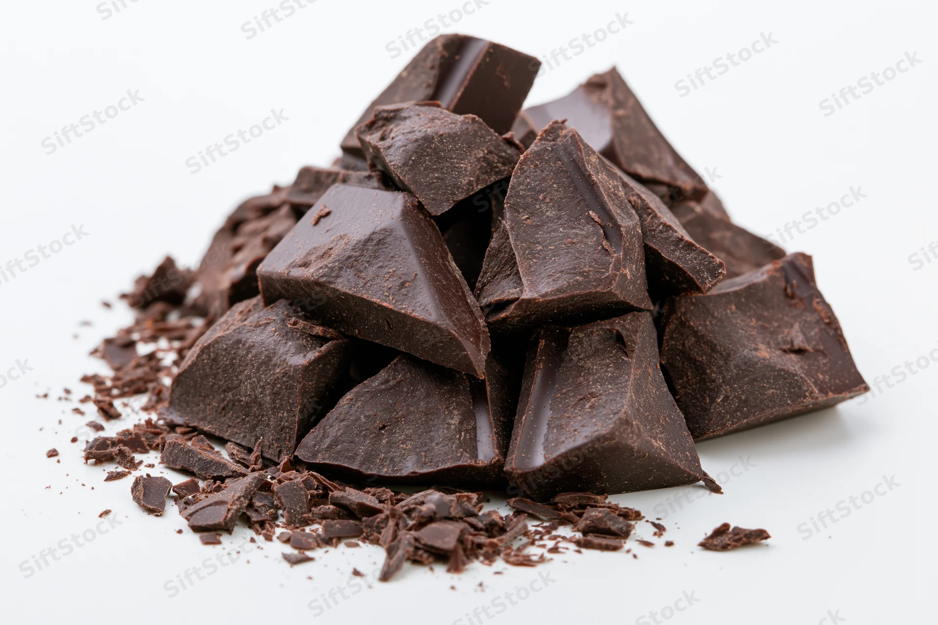 Broken dark chocolate chunks piled loosely on a clean white surface