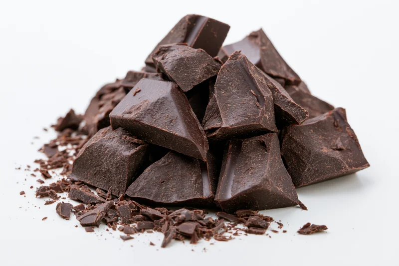 Broken dark chocolate chunks piled loosely on a clean white surface