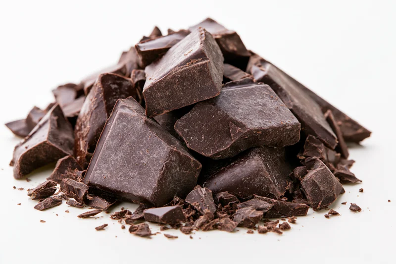 Broken dark chocolate chunks piled loosely on a clean white surface