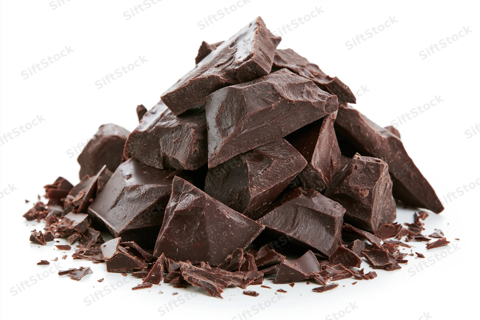 Broken dark chocolate chunks piled loosely on a clean white background