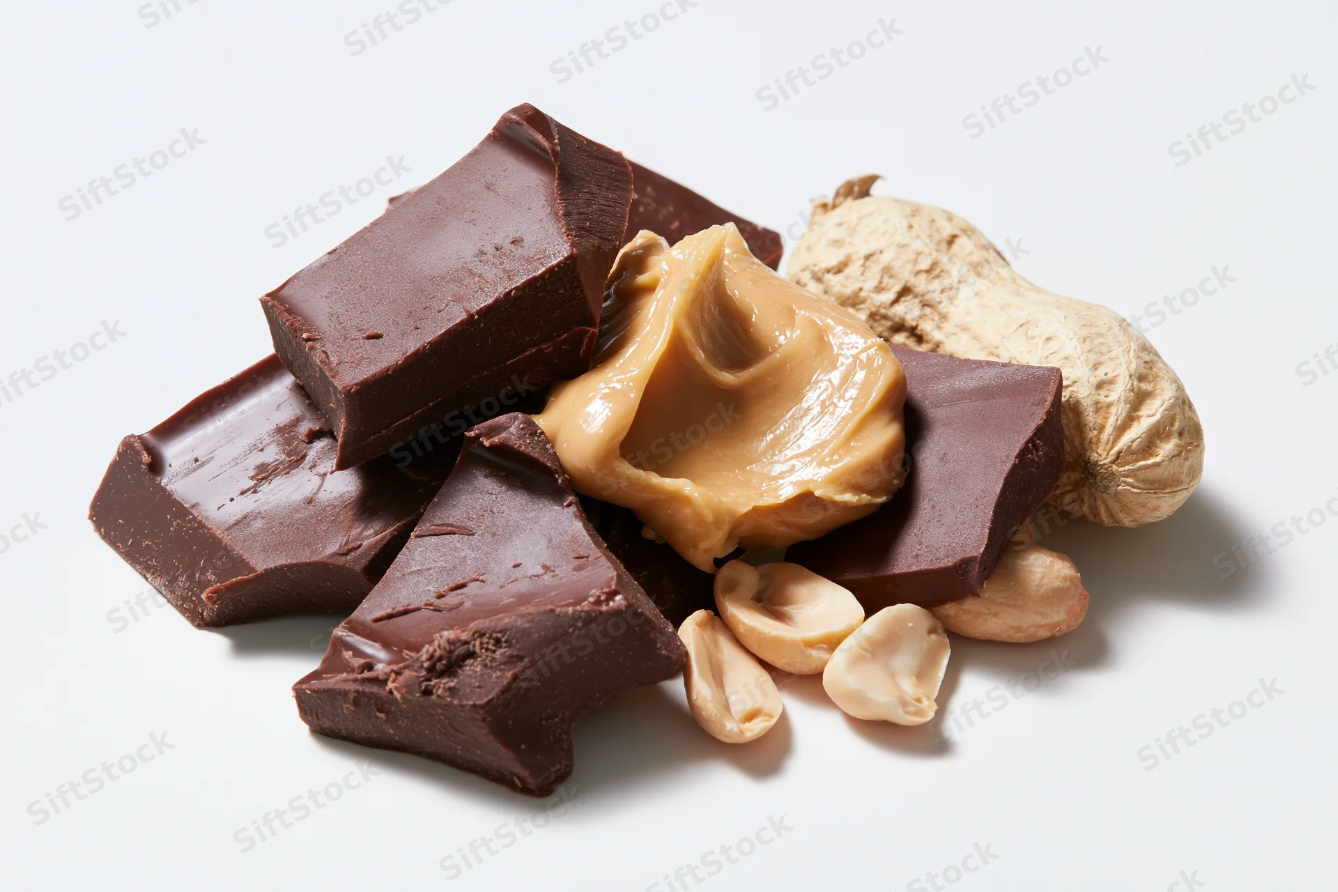 Broken dark chocolate pieces with a dollop of creamy peanut butter and whole peanuts on white background